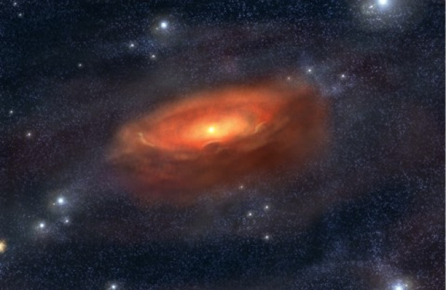 Artist's impression van een 'flared' protoplanetaire schijf, waarbij de dikte sterk toeneemt op grotere afstand van de ster, vergelijkbaar met de schijf die gezien is met het VISIR-instrument op ESO's Very Large Telescope rond de massieve ster HD 97048. 