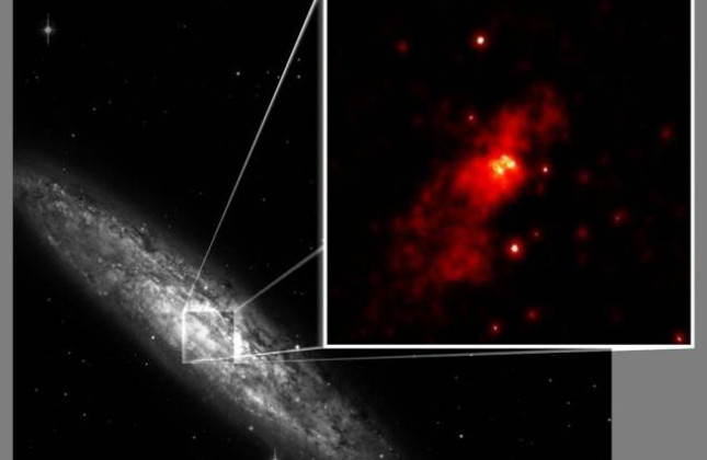 Het spiraalstelsel NGC253 vertoont een hoge mate van stervorming, maar de Chandra-röntgentelescoop heeft ook de aanwezigheid van een actief zwart gat aangetoond. Dit is dus een stelsel met een ‘dubbele centrale verwarming’. Credit: Digitized Sky Surv