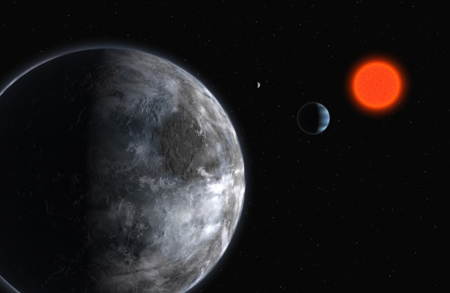 Artist's impression van het planetaire systeem rond de rode dwerg Gliese 581. Met behulp van het HARPS-instrument op ESO's 3,6 meter telescoop in Chili, hebben astronomen drie planeten ontdekt met een relatief lage massa, resp. 5, 8 and 15 maal de massa v
