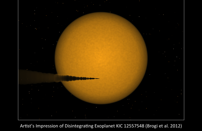 Artist’s impression van de desintegrerende exoplaneet KIC 12557548 (Brogi et al. 2012) © C.U Keller, Leiden University (2012)
