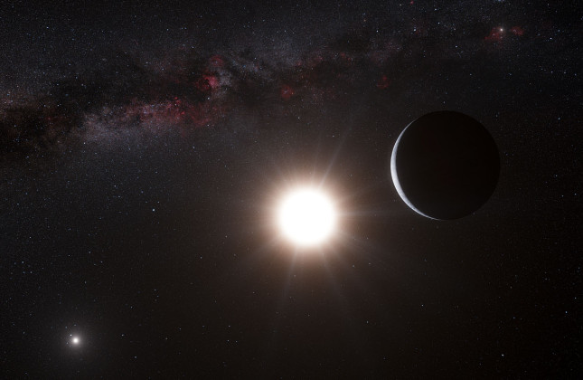 Deze artist’s impression toont de planeet die om de ster Alfa Centauri B cirkelt. Deze ster maakt deel uit van een drievoudig stelsel, bestaande uit de meest nabije buursterren van ons zonnestelsel. Alfa Centauri B is het helderste object aan de hemel b