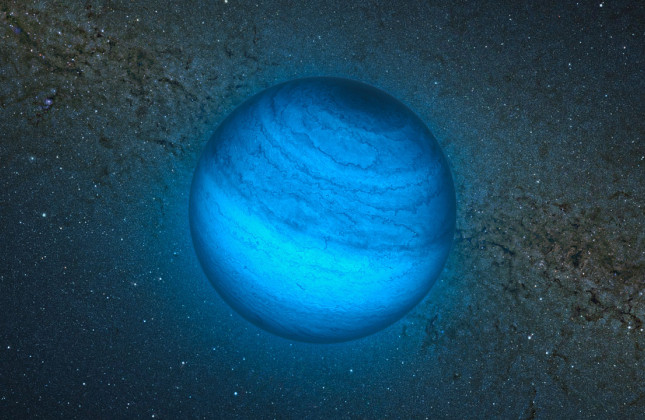 Deze artist’s impression toont de solitaire planeet CFBDSIR2149. Dit is het meest nabije object in zijn soort. Het draait niet om een ster en weerkaatst dus ook geen licht; de zwakke gloed die de planeet uitzendt kan alleen in het infrarood worden gedet