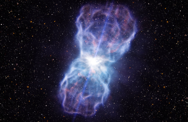 Deze afbeelding geeft een impressie van de materie die door het gebied rond het superzware zwarte gat in de quasar SDSS J1106+1939 wordt uitgestoten. Dit object heeft de krachtigste materiestroom die ooit is waargenomen – zeker vijf keer zo krachtig als