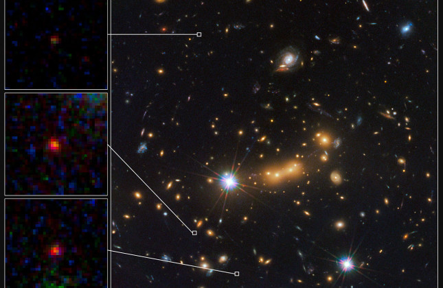 Deze afbeelding is een mozaïek dat bestaat uit opnames die zijn gemaakt met  de Wide Field Camera 3 en de Advanced Camera for Surveys aan boord van de Hubble-ruimtetelescoop. Het versterkte beeld van het sterrenstelsel MACS0647-JD is drie keer zichtbaar 