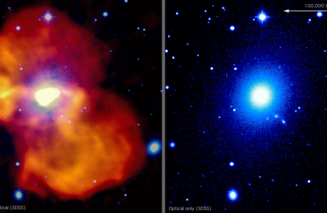 De kleurenfoto's tonen sterrenstelsel M87. De wit/ blauwe regio is optisch licht (Bron: SDSS); de radiostraling is te zien in geel/oranje (LOFAR). In het midden is de radiostraling heel fel; het geeft aan waar de stroom, die veroorzaakt wordt door het zwa
