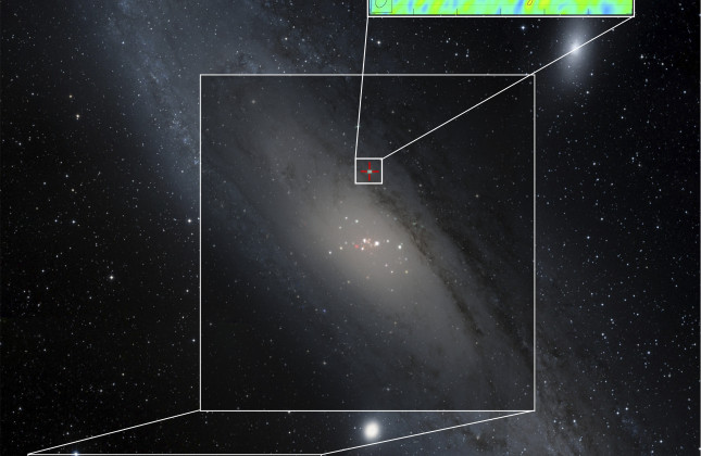Beeld van het naburige Andromeda-sterrenstelsel, dat de ultraheldere röntgenbron op diverse golflengten laat zien. X-rays: ESA/M. Middleton et al., Radio: NRAO/M. Middleton et al., Optical: Aladin/STScI DSS  