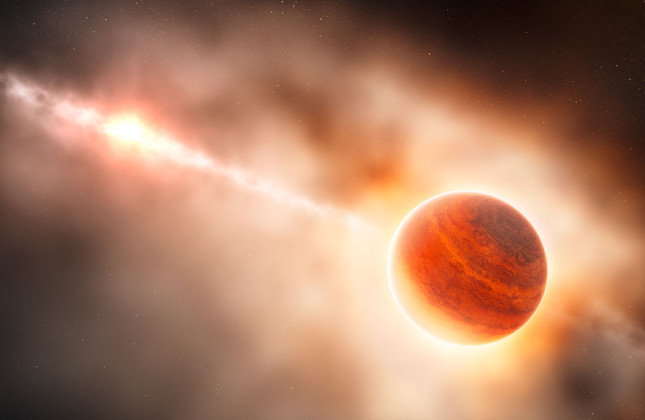 Artist’s impression van een grote gasplaneet die uit het stof rond de jonge ster HD 100546 ontstaat (c) ESO/L. Calçada