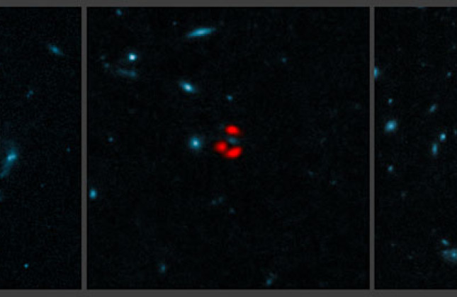ALMA-opnamen van verre gravitatielens-versterkte starburst-stelsels Deze fotomontage combineert gegevens van ALMA met opnamen van vijf verre sterrenstelsels die met de Hubble-ruimtetelescoop van NASA en ESA zijn gemaakt.  Credit: ALMA (ESO/NRAO/NAOJ), J. 