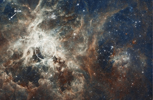 Tarantulanevel. De zware dubbelster R144 is met een pijl aangegeven. Links van het midden bevindt zich de centrale sterrenhoop R136. Klik op de foto voor een grote versie (c) NASA, ESA, D. Lennon en E. Sabbi (ESA/STScI)
