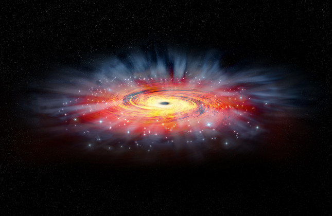 Een artistieke impressie van de omgeving van Sagittarius A*, het superzware zwarte gat in het centrum van de Melkweg. Credit: NASA/CXC/M.Weiss