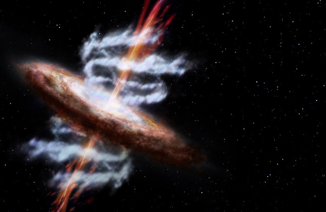 Artistieke impressie van een actief sterrenstelsel. Credit: ESA/AOES Medialab