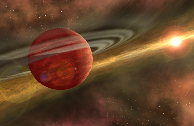 Artistieke impressie van een jonge planeet in een ver verwijderde baan rond zijn ster. Rond de ster bevindt zich, binnen de baan van de planeet, nog steeds een stofschijf met overgebleven materiaal van het vormingsproces. Credit: NASA/JPL-Caltech/MSSS
