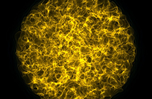 Een gesimuleerde ineenstortende moleculaire wolk waarin stofdeeltjes aanwezig zijn. Credit: Hocuk et al. 2013