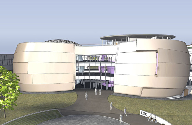 Het nieuwe planetarium en tentoonstellingscentrum van het ESO-hoofdkwartier Credit: Architekten Bernhardt + Partner