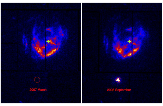 De supernovarest SNR Kes 79 en de ontdekte magnetar 3XMM J186536.6+003317 in het röntgen in 2007 en 2008. Credit: Zhou et al. 2014