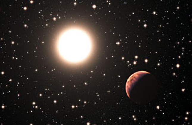 Deze artist’s impression toont een van de drie pas ontdekte planeten in de sterrenhoop Messier 67. De sterren in deze sterrenhoop hebben allemaal ongeveer dezelfde leeftijd en samenstelling als de zon. Dat maakt dit tot een perfect laboratorium om te on