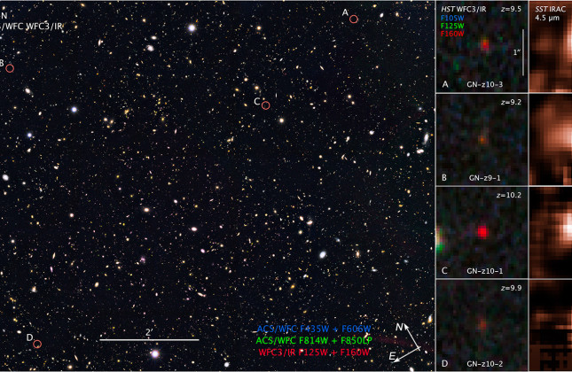 Ultra-heldere jonge sterrenstelsels. Dit is een gedeelte van het Hubble deep sky-survey GOODS North (Great Observatories Origins Deep Survey), dat het bekend Hubble Deep Fiel (HDF) bevat. Het beeld bestaat uit opnamen die in zichtbaar licht en nabij infra