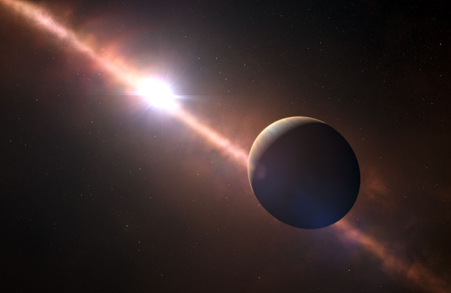 Deze artist’s impression toont de planeet die om de jonge ster Bèta Pictoris cirkelt. Deze exoplaneet is de eerste waarvan de rotatiesnelheid is gemeten. Zijn acht uur durende dag komt overeen met een equatoriale rotatiesnelheid van 100.000 km/uur – 