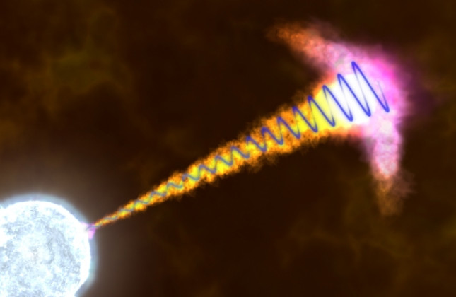 Artistieke impressie van een gammaflits en zijn straalstromen van materie. Credit: NASA's Goddard Space Flight Center/S. Wiessinger