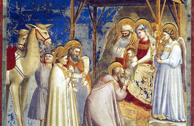 Adoration of the Magi, Giotto di Bondone (1267–1337). The Ster van Bethlehem wordt getoond als een komeet. Giotto zag komeet Halley in 1301. Klik op het plaatje voor de volledige afbeelding.