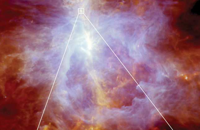 Sterrenwind rond protoster Credit: Herschel image: ESA/Herschel/Ph. André, D. Polychroni, A. Roy, V. Könyves, N. Schneider for the Gould Belt survey Key Programme; inset and layout: ESA/ATG medialab