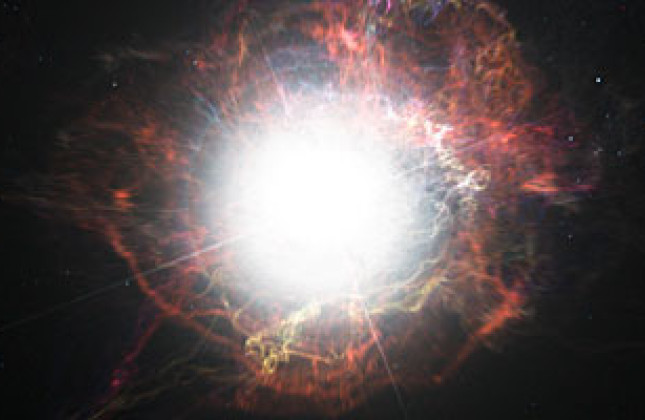 Deze artist’s impression toont de stofvorming in de omgeving van een supernova-explosie. VLT-waarnemingen hebben aangetoond dat deze kosmische stoffabrieken hun korreltjes in twee stadia produceren – kort na de explosie, maar ook lang nadien. 

 Cre