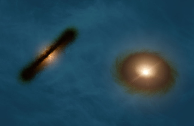 Artist’s impression van de schijven rond de jonge sterren HK Tauri A en B Credit: R. Hurt (NASA/JPL-Caltech/IPAC)