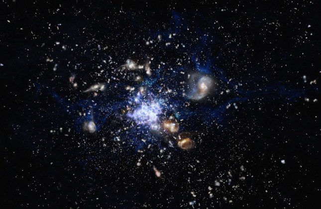 Artist’s impression van een cluster-in-wording in het vroege heelal Credit: ESO/M. Kornmesser