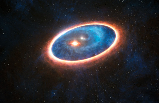 Artist’s impression van het stof en gas rond de dubbelster GG Tauri-A. Credit: ESO/L. Calçada