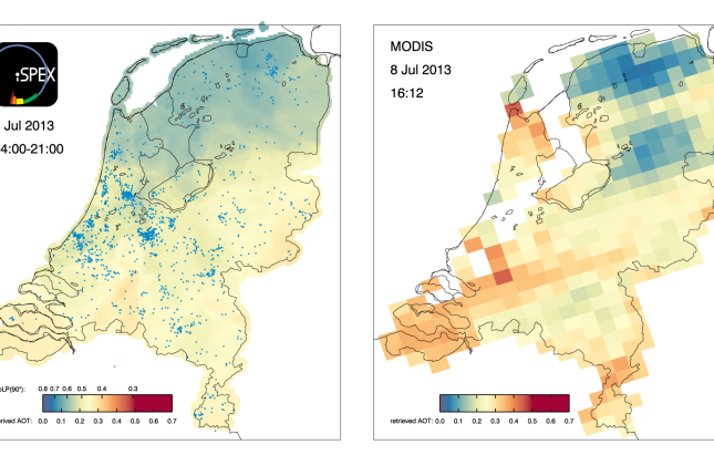 iSPEX-kaart samengesteld uit alle iSPEX-metingen uitgevoerd in Nederland op 8 juli 2013 tussen 14.00 en 21.00 u. Elke blauwe punt vertegenwoordigt één van de in totaal 6007 metingen die dag. Op alle locaties zijn de 50 meeste nabije iSPEX-metingen gemid