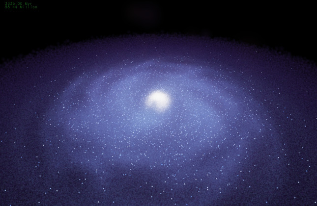 De Melkweg van 3,3 miljard jaar oud volgens een testsimulatie die is uitgevoerd op de CSCS Piz Daint-supercomputer. Deze testsimulatie is uitgevoerd om de oorspronkelijke verdeling van sterren te bepalen die leidt tot de spiraalstructuur en sterverdeling 
