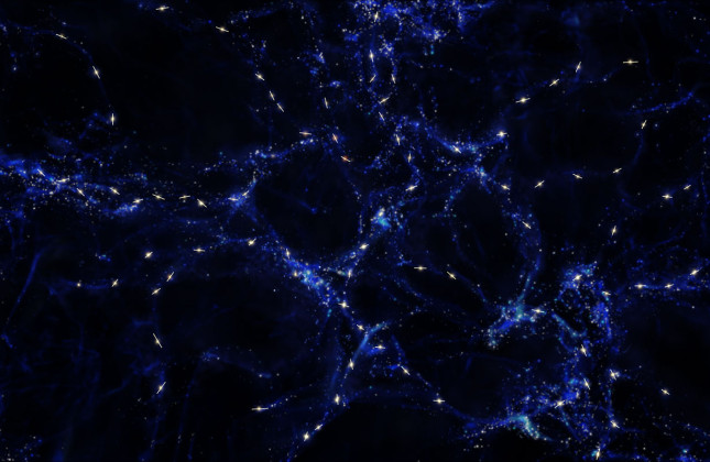 Deze artist’s impression geeft een schematische indruk van de gelijkgerichtheid tussen de rotatie-assen van quasars en de grootschalige kosmische structuren waar zij deel van uitmaken, die ontdekt is bij waarnemingen met ESO’s Very Large Telescope. De