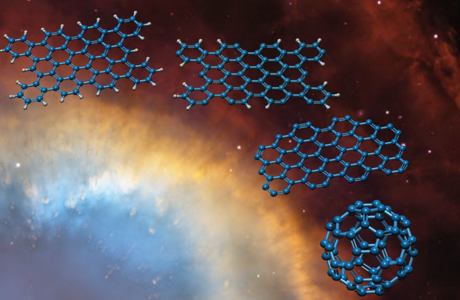 Illustratie van de manier waarop een grote PAK (linksboven) door inwerking van licht van zijn waterstofatomen wordt ontdaan en via een grafeenstructuur kan veranderen in een C60 ‘Buckyball’ (rechtsonder).
 (c) HST/NASA; Alessandra Candian