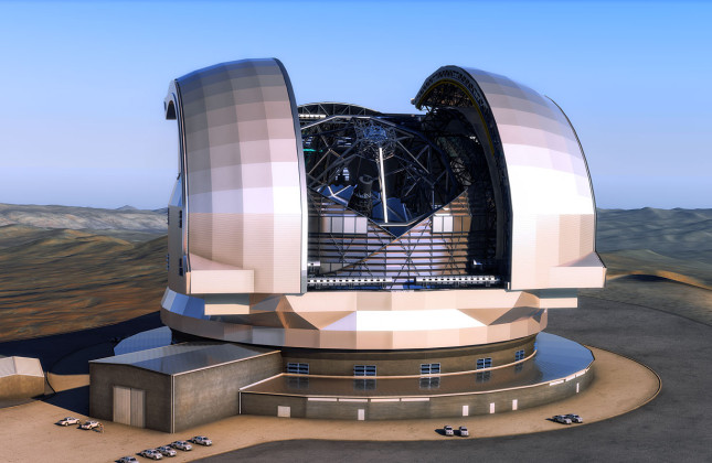 Deze artist’s impression toont de European Extremely Large Telescope (E-ELT) in zijn behuizing. De E-ELT wordt een optische/infraroodtelescoop met een opening van 39 meter die op de Cerro Armazones in de Chileense Atacama-woestijn komt te staan, op twin