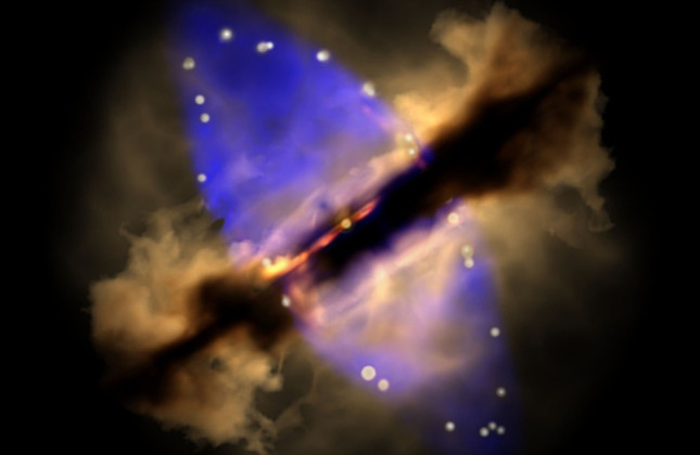 Animatie van de start van de uitstroom-collimatie in een zware protoster W75N(B)-VLA 2. (c) Wolfgang Steffen, Instituto de Astronomía, UNAM