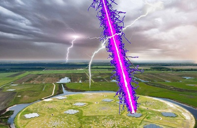 Een deeltjesdouche veroorzaakt door een kosmische inslag bereikt LOFAR door een donderwolk. (c) Radboud University