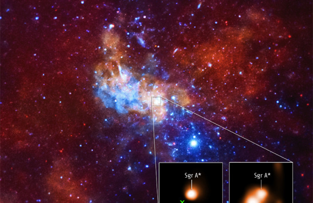 Op de achtergrond is de omgeving te zien van het superzware zwarte gat in het centrum van de Melkweg (in röntgen). De inzet bevat een close-up van Chandra van de directe omgeving van Sgr A* waarbij te zien is dat magnetar SGR J1745-2900 in 2008 nog rusti