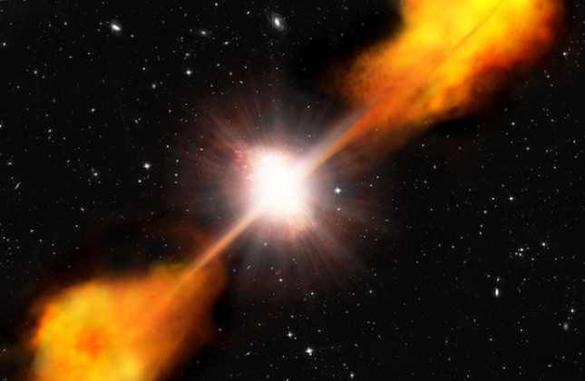 Deze visualisatie toont een sterrenstelsel met een extreem heldere kern en een dubbele radiobron aan weerszijden – een quasar. De radio-as wijst min of meer in de richting van de aarde. Zouden we het object onder een grotere hoek waarnemen dan is – i