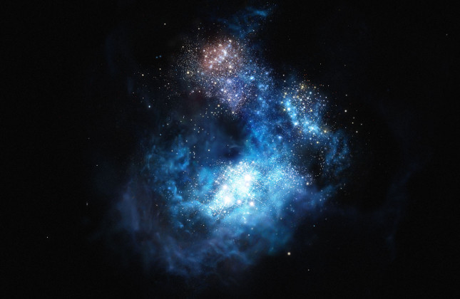 Artist’s impression van CR7: het helderste sterrenstelsel in het vroege heelal Credit: ESO/M. Kornmesser