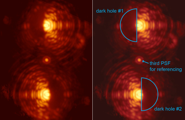 (Click on the image for full picture) Double image of the star Eta Crucis taken through the vector-APP coronagraph installed at MagAO. The two main images of the star exhibit D-shaped dark holes on complementary sides. Coronagraphic phase pattern designed