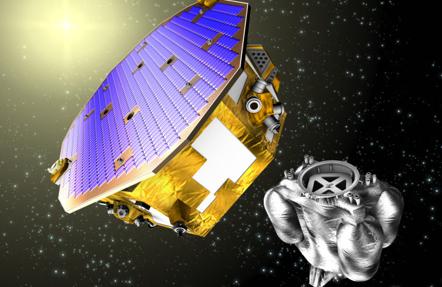 Artist's impression van ESA's LISA Pathfinder en zijn voortstuwingsmodule. (c) ESA 