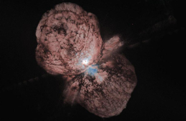 Opname met de Hubble Ruimtetelescoop van de Smurfinnevel met rok. De ster Eta Carinae (eigenlijk twee sterren maar ze zijn niet te onderscheiden) staat in het midden. (c) J. Morse (Arizona State U.), K. Davidson (U. Minnesota) et al., WFPC2, HST, NASA