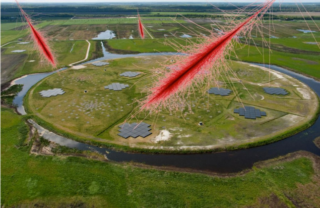 Bewerking. Na een deeltjesdouche dalen radiosignalen neer op de Drentse LOFAR-telescoop. Sterrenkundigen stelden een model op waardoor LOFAR nu ook als deeltjesdector kan fungeren. (c) Heino Falcke, Radboud Universiteit