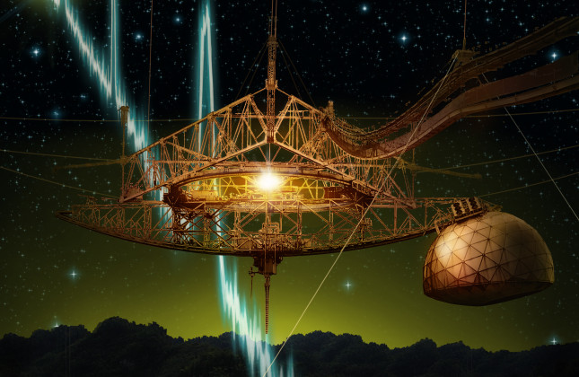 Artistieke impressie van de Arecibo-telescoop (diameter 305 meter) in Puerto Rico met zijn hangende platform waaraan de radio-ontvanger is bevestigd. (c) Danielle Futselaar