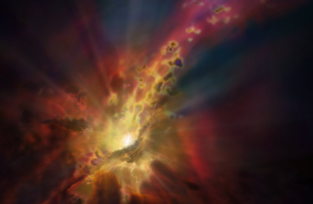 Intergalactische gaswolken regenen neer op het superzware zwarte gat in het centrum van een enorm sterrenstelsel (artist's impression). (c) NRAO/AUI/NSF; Dana Berry/SkyWorks; ALMA (ESO/NAOJ/NRAO)