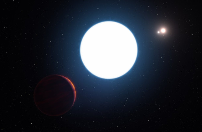 Deze artist’s impression toont het drievoudige stersysteem HD 131399, vanuit een punt dicht bij de reuzenplaneet die om de zwaarste van de drie sterren draait. Deze planeet, die HD 131399Ab heet, is linksonder te zien. Credit: ESO/L. Calçada
