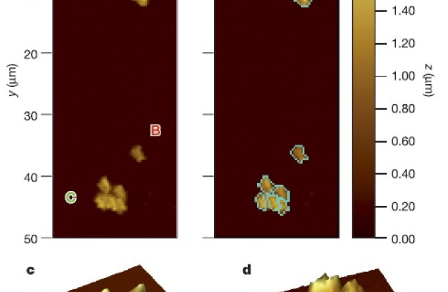 Drie stofdeeltjes van de komeet 67P (klik voor hele afbeelding). In de 3D-versie zijn de deeltjes twee keer zo hoog afgebeeld om ze duidelijker te kunnen bestuderen.
(c) ESA/Rosetta/IWF for the MIDAS team IWF/ESA/LATMOS/Universiteit Leiden/Universität