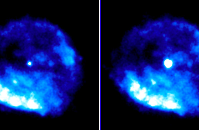Twee röntgenopnamen van de slome magnetar 1E161348-5055. Links is de ster in rust. Rechts is de uitbarsting van 22 juni 2016.
(c) NASA Swift-satellite/N. Rea