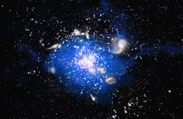 Artistieke weergave van de kosmische oceaan van koud gas die is ontdekt in het Spinnenwebstelsel. Het koude gas strekt zich uit over een gebied van een kwart miljoen lichtjaar en levert het materiaal van waaruit sterren worden gevormd.
(c) ESO/M. Kornme
