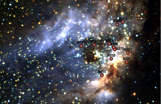 De open sterrenhoop M17 (de Omeganevel), op zo’n 5000 lichtjaar afstand, is een van de helderste stervormingsgebieden van de Melkweg. Deze infraroodopname uit de 2MASS-catalogus onthult de tien onderzochte jonge, zware sterren die liggen verscholen tuss